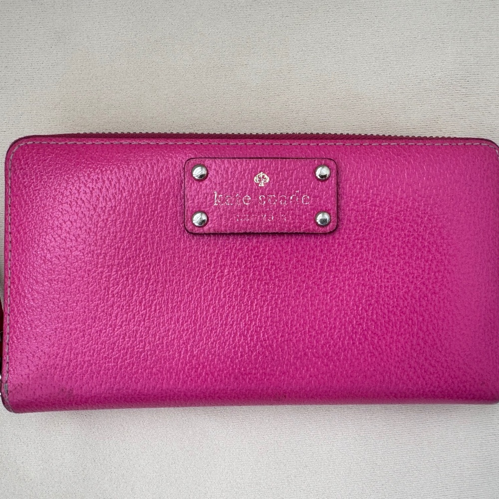 Kate Spade Magenta Pink Leather Zip Around Credit Card Long Wallet